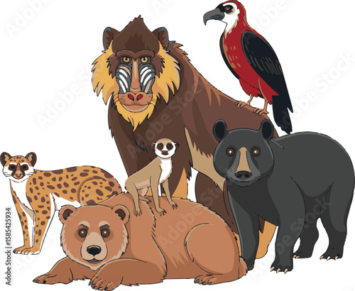 Colorful Vector Drawing of Exotic Animals in Playful Style