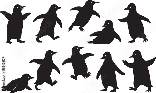 Black penguin silhouettes various poses animal wildlife
