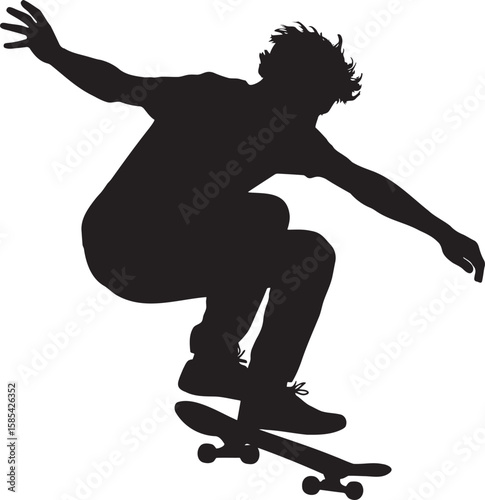 Black silhouette of a skateboarder performing a trick white action