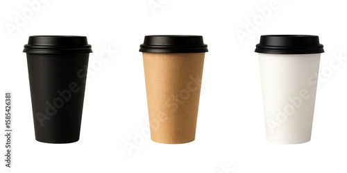 Wallpaper Mural Set of three tall coffee cup mockups in black kraft and white paper with black lids on transparent background Torontodigital.ca