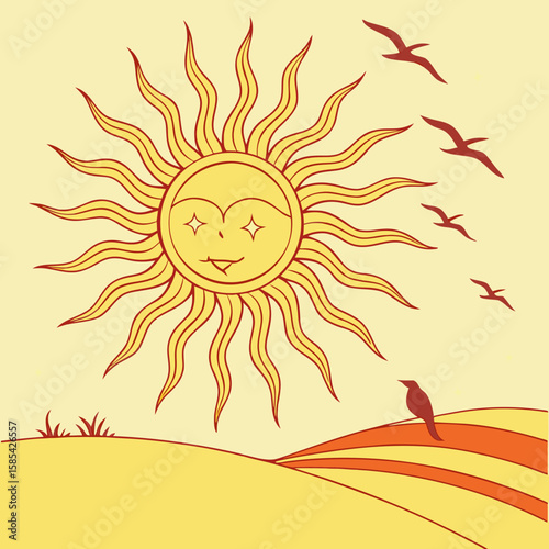 Vector illustration of a bright yellow sun with orange rays, perfect for summer, heat, or sunny weather designs