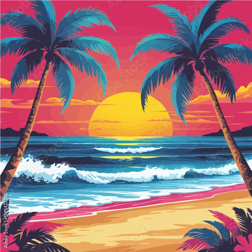 Tropical Sunset Beach Vector Illustration with Palm Trees, Ocean Waves and Vibrant Sky