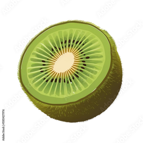 Fresh slice of kiwi fruit with visible seeds and fuzzy skin