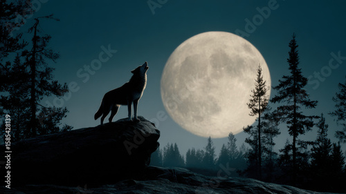 A wolf stands atop a rock, howling at the full moon on a bright night, surrounded by a coniferous forest, with the wolf and moon prominently featured in the foreground.