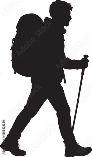Hiker silhouette with backpack and pole trekking