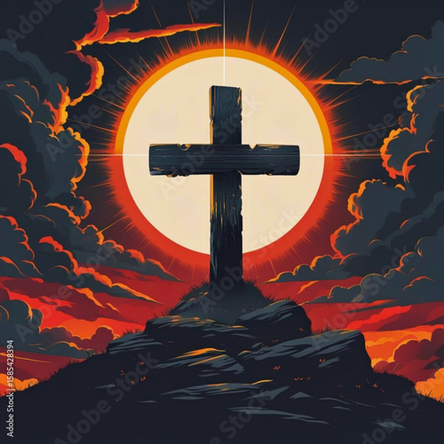 Wooden cross on a hill against a dramatic sunset with glowing sun and clouds