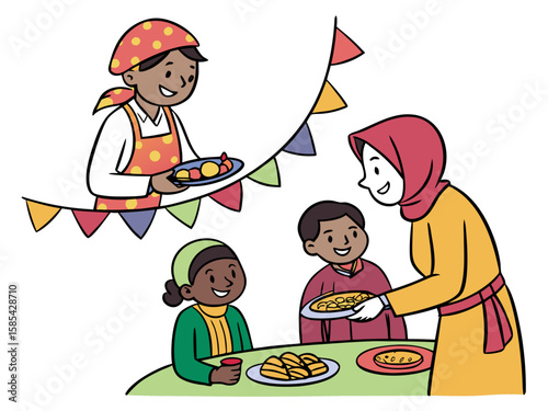 Happy diverse family enjoying a festive meal together with colorful decorations isolated on white background