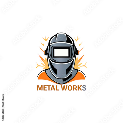 Welding mask emblem with sparks and metal works text