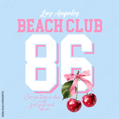 college style numbers typography with pink bow cherry design. Vector illustration design for fashion graphics, t shirt prints