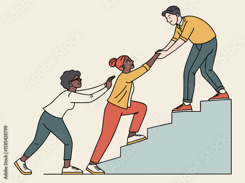 Diverse team members help each other climb stairs isolated on white background