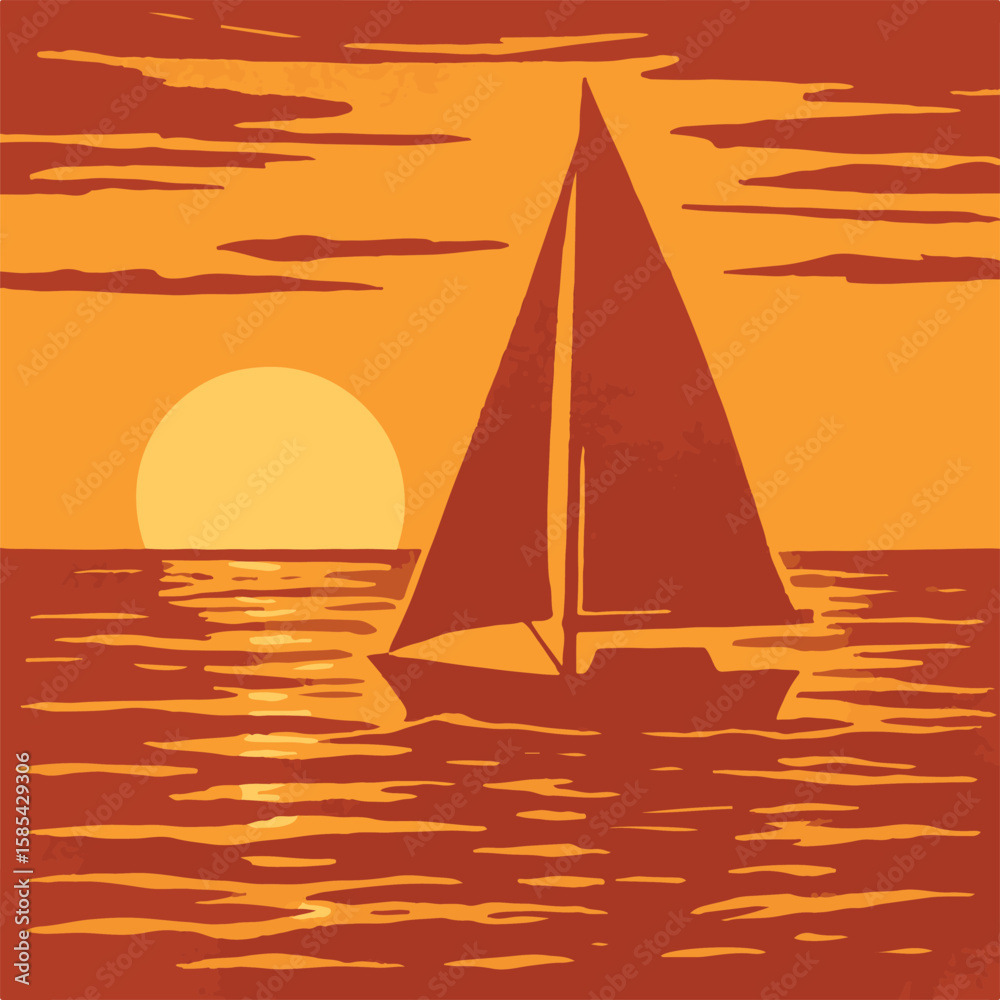 Naklejka premium A sailboat sailing on the water with a sunset in the background and orange sky with light clouds