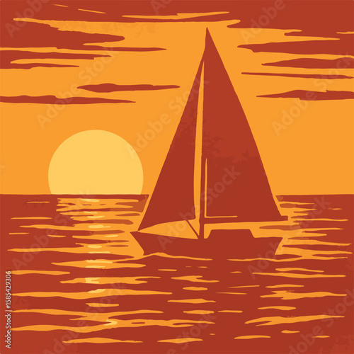 A sailboat sailing on the water with a sunset in the background and orange sky with light clouds