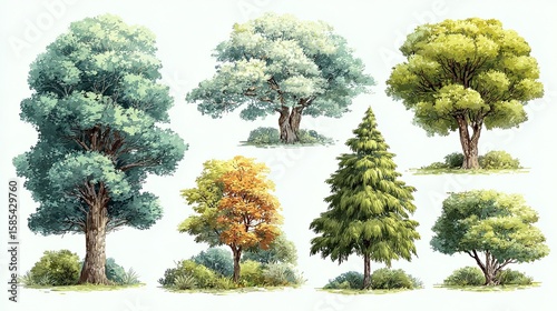 Six different trees in varied sizes, isolated botanical elements for park planning, game assets or nature decor