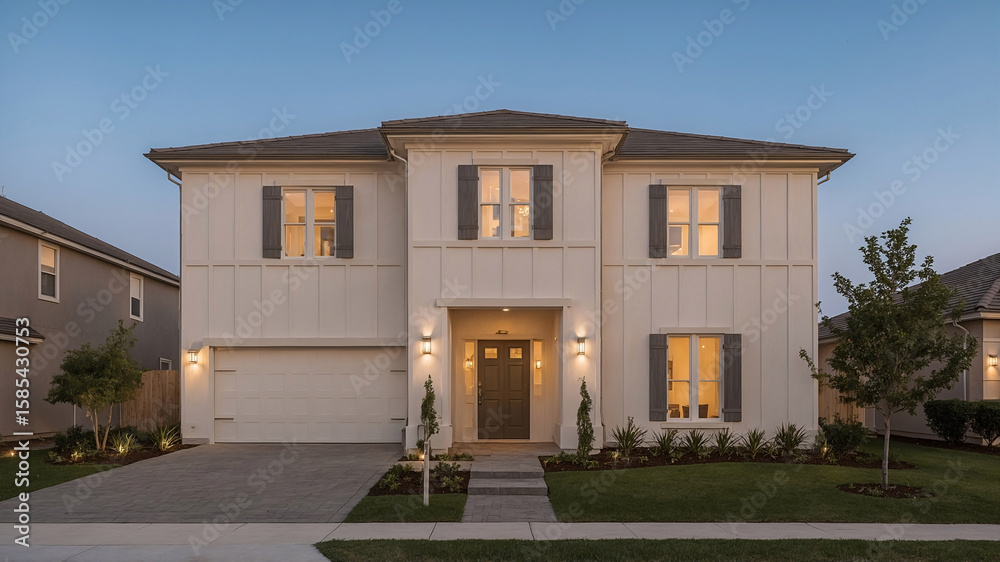 Modern two story suburban house exterior with contemporary design features and illuminated entrance during a tranquil twilight setting presenting real estate concepts Modern two story suburban house exterior with contemporary design features and illuminated entrance during a tranquil twilight setting presenting real estate concepts
