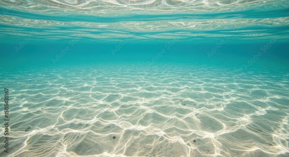 Naklejka premium Sunlight filters through the clear turquoise ocean surface, illuminating the sandy seabed