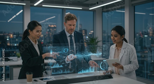 Diverse Business Team Analyzing Data on Futuristic Transparent Display in Modern Office