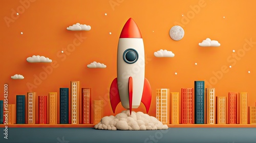 Startup business growth strategy illustration with rocket and graphs, financial boost and innovation concept scene