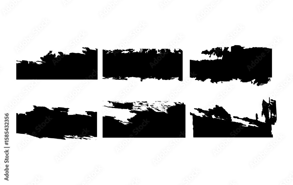A set of six high resolution black grunge rectangle brush stroke frames on a white background. These distressed and hand drawn brush elements are ideal for creating rough borders, banners, posters.