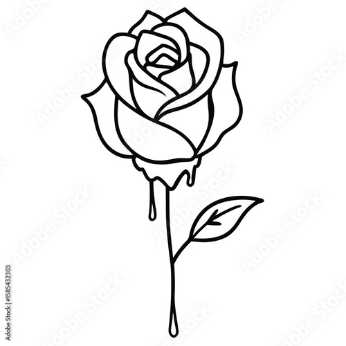 Surreal line art of a wilting rose with petals dripping like tears symbolizing decay and emotional expression