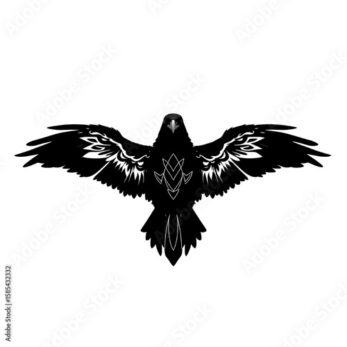 black raven silhouette with open wings in tribal tattoo style on transparent background – gothic flying bird illustration with detailed feather pattern