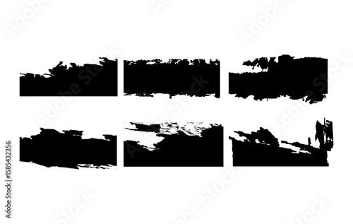 A set of six high resolution black grunge rectangle brush stroke frames on a white background. These distressed and hand drawn brush elements are ideal for creating rough borders, banners, posters. 