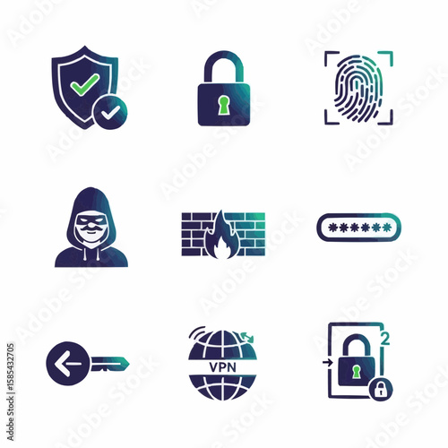 A modern glyph icon set with a color gradient for cybersecurity topics.