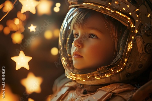 Young child in spacesuit surrounded by glowing stars