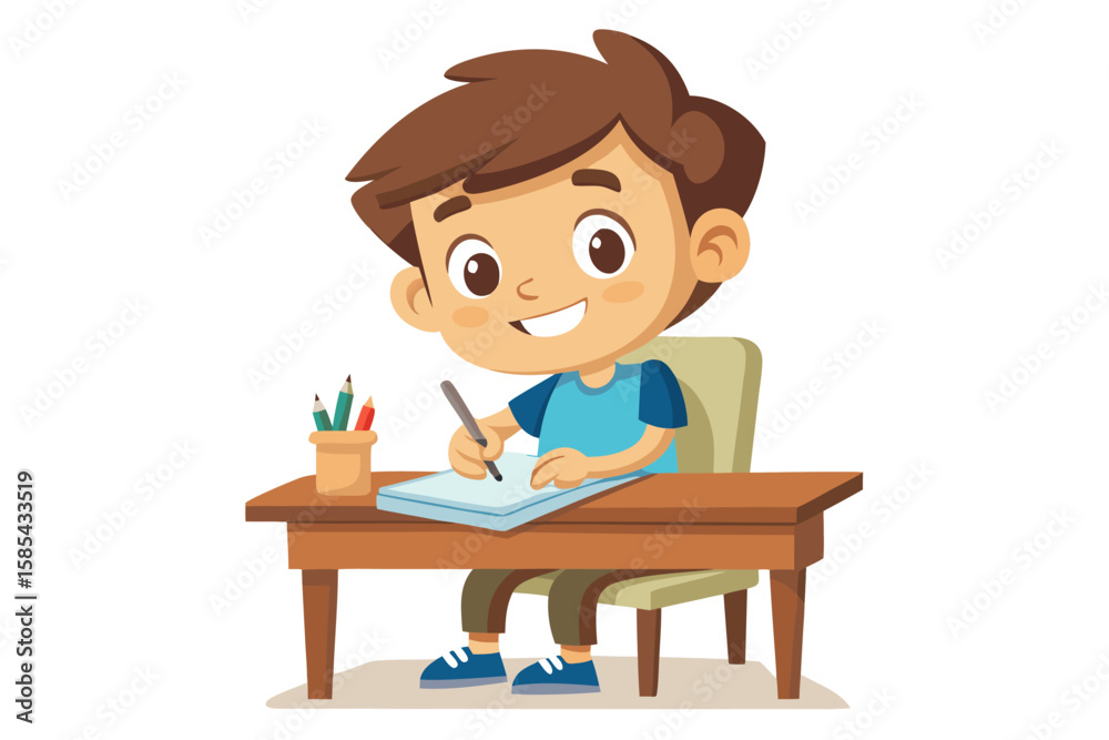 Colorful and cheerful illustration of a cartoon boy sitting at a wooden desk, writing in a notebook with a blue pen Colorful and cheerful illustration of a cartoon boy sitting at a wooden desk, writing in a notebook with a blue pen
