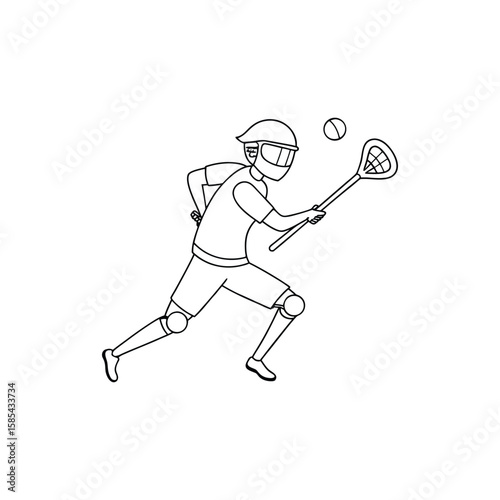 Lacrosse player running with stick and ball isolated on white background