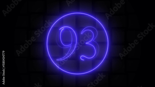 Glowing Blue Neon Number 93 Inside Circle on Dark Grid Background Abstract Motion Graphic