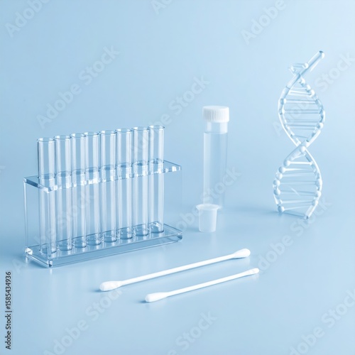 3D Render of DNA Testing Swabs and Tubes with Double Helix against a Light Blue Background