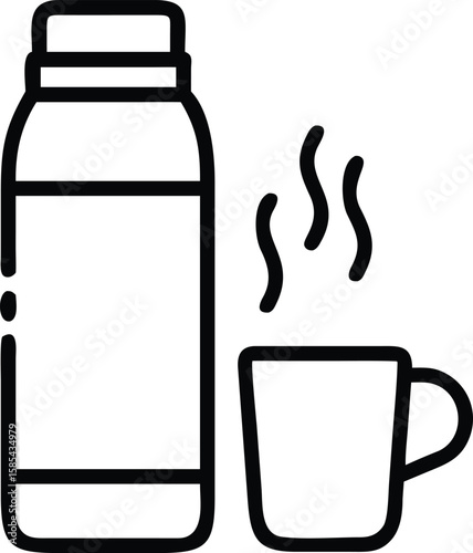Black outline thermos and cup with steam illustration element