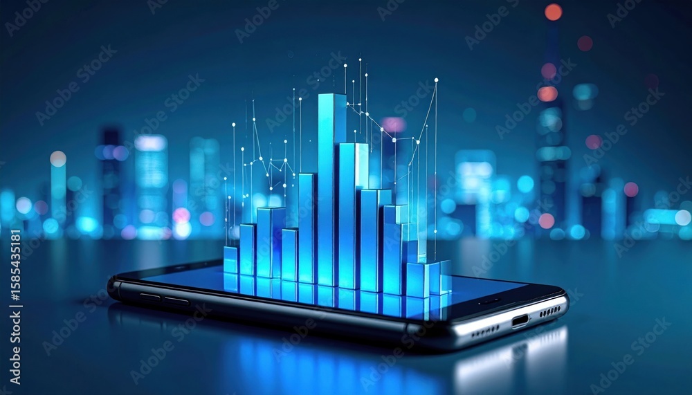Fototapeta premium Digital Bar Chart Tower Rising From Smartphone Screen Against Blurred City Lights in Blue Tones