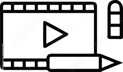 Black outline video editor icon with film strip, play button, pencil and panel