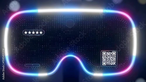 Futuristic virtual reality headset glowing with vibrant lights, showcasing a QR code and star ratings