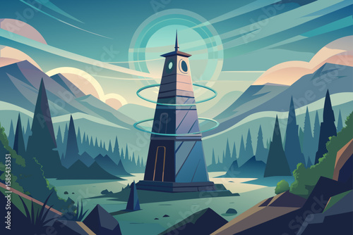 Surreal Metronome Shaped Tower Ticking Silently in a Foggy Valley