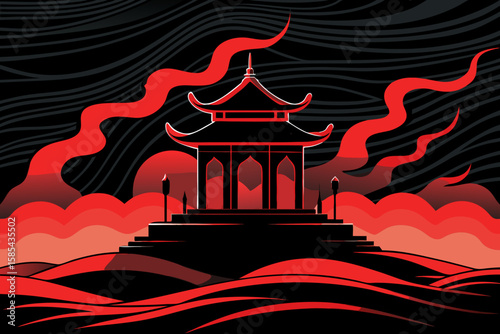 Minimalist Temple Silhouette Outlined by a Glowing Red Aura