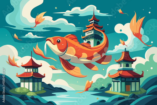 Oversized Koi Fish Swimming Around a Floating Temple