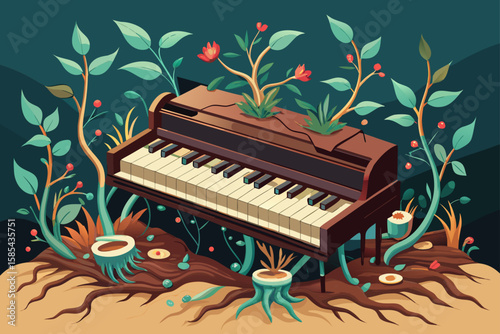 Oversized Piano Roots Growing Underground with Key Shaped Rocks