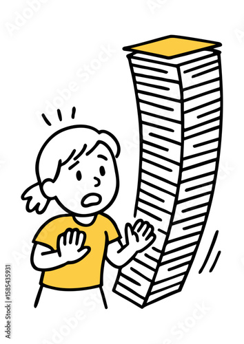 Fearful Girl in Workload with Tower of Papers. Office Stress, Girl with Stack of Falling Documents, Surprised Expression Concepts. Hand-Drawn Doodle Style Line Vector Illustration