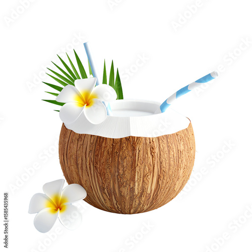 3d render tasty coconut milk cocktail. Vector illustration of tropical beverage coco with straw and plumeria. Three dimensional exotic alcohol juice from Thailand, Bali, Miami, Hawaii. Summer symbol