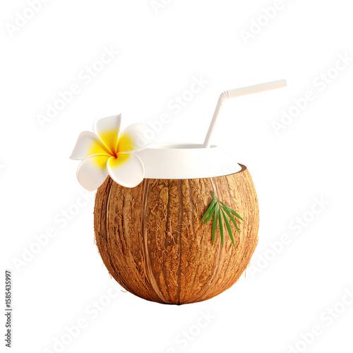 3d render tasty coconut milk cocktail. Vector illustration of tropical beverage coco with straw and plumeria. Three dimensional exotic alcohol juice from Thailand, Bali, Miami, Hawaii. Summer symbol