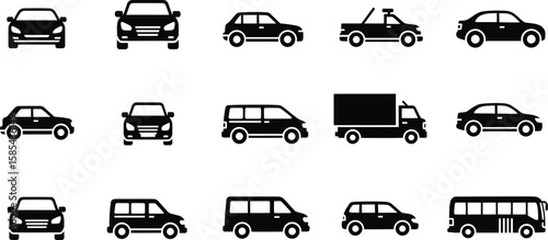 A collection of various car silhouettes, including sedans, vans, trucks, and buses, showcasing different transportation options