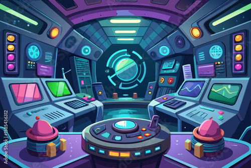 Sci Fi Cartoon Control Room with Blinking Buttons and Screens