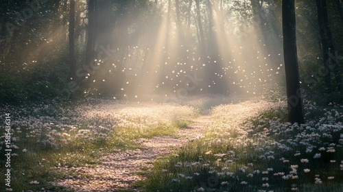 Sunbeams light up a mystical forest trail bordered by pink blossoms