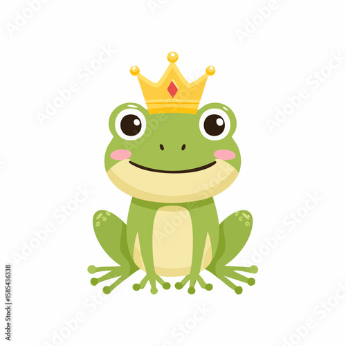 Cartoon depiction of a green frog wearing a golden crown, sitting upright and smiling with pink cheeks.