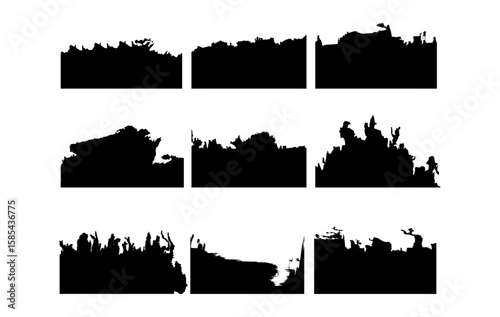 A set of grunge style top edge textures in black. This set features distressed, jagged, and rough horizontal borders, perfect for posters, album covers, grunge backgrounds, or edgy design overlays. 