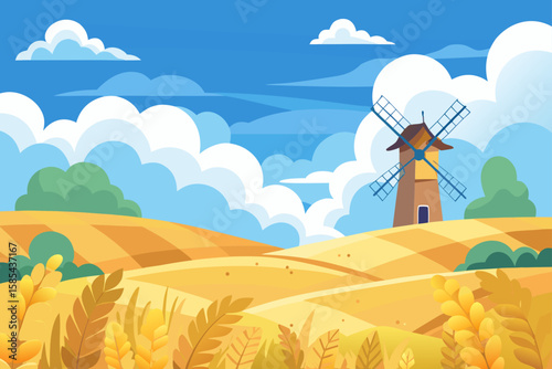 Soft Clouds Drift Lazily Over a Peaceful Landscape with a Windmill