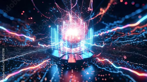 Vibrant abstract visualization of energy emanating from a central core with colorful light trails