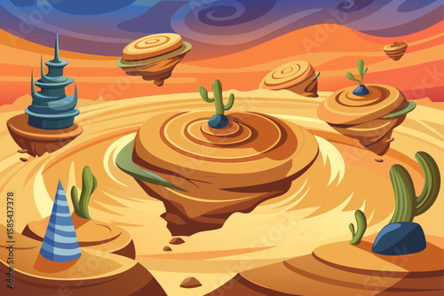 Spiraling Desert Sand Islands with Cactus Towers